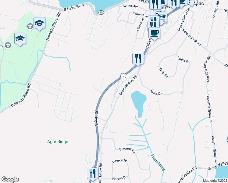 map of restaurants, bars, coffee shops, grocery stores, and more near 157 Bucks Hollow Road in Mahopac