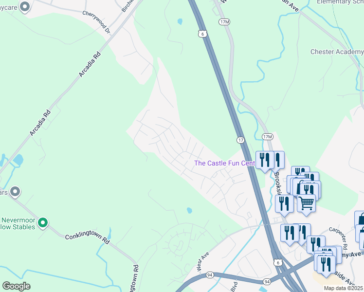 map of restaurants, bars, coffee shops, grocery stores, and more near Whispering Hills Drive in Chester