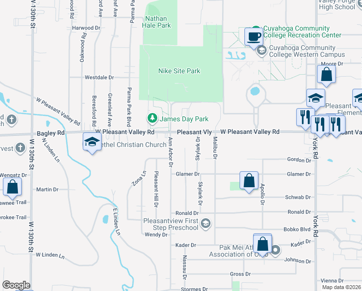 map of restaurants, bars, coffee shops, grocery stores, and more near 7467 Dawn Haven Drive in Parma