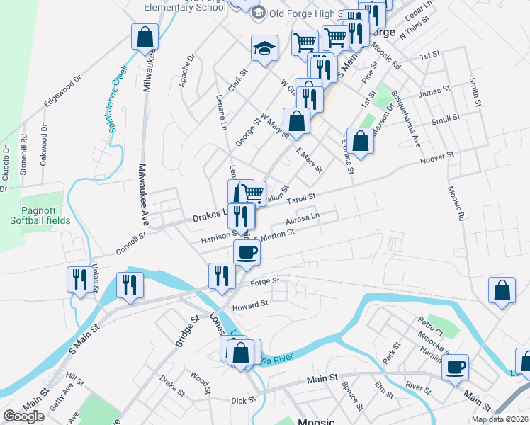 map of restaurants, bars, coffee shops, grocery stores, and more near 1 Sue Court in Old Forge