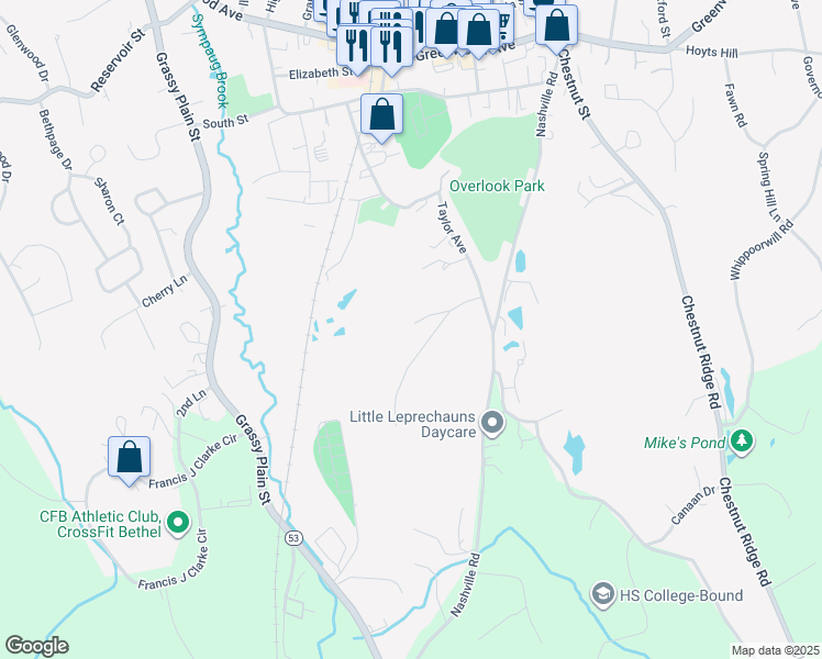 map of restaurants, bars, coffee shops, grocery stores, and more near 13 Goodhill Road in Bethel