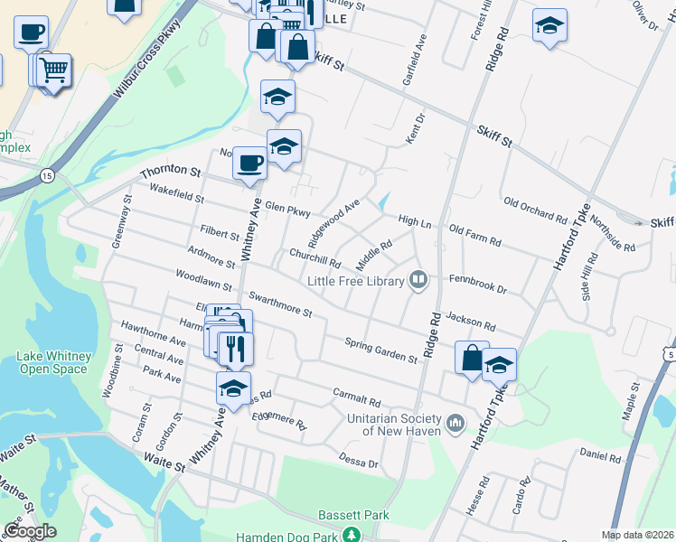 map of restaurants, bars, coffee shops, grocery stores, and more near 19 Spring Glen Terrace in Hamden