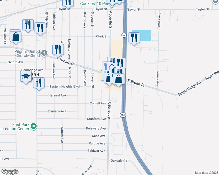 map of restaurants, bars, coffee shops, grocery stores, and more near 630 South Abbe Road in Elyria