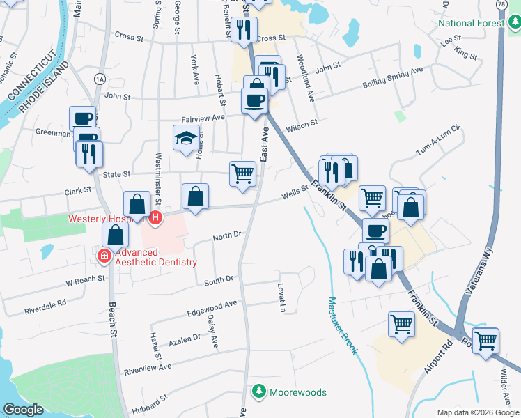 map of restaurants, bars, coffee shops, grocery stores, and more near 81 Wells Street in Westerly