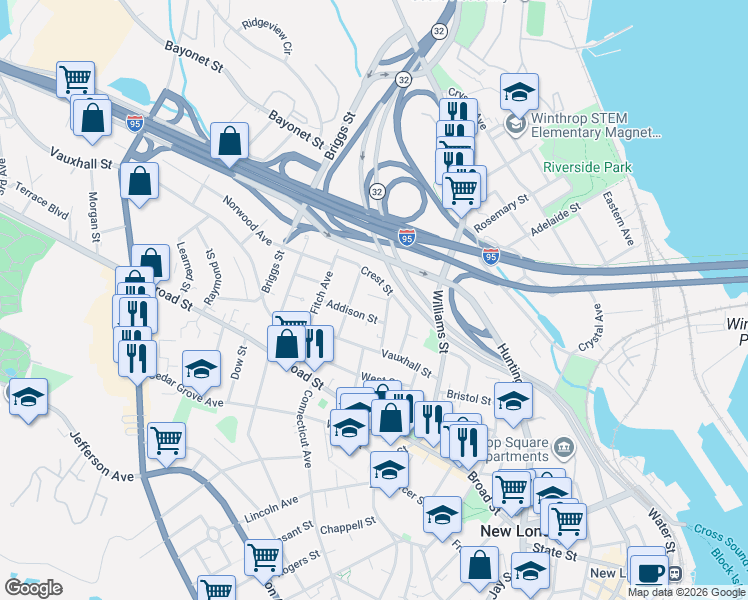 map of restaurants, bars, coffee shops, grocery stores, and more near in New London