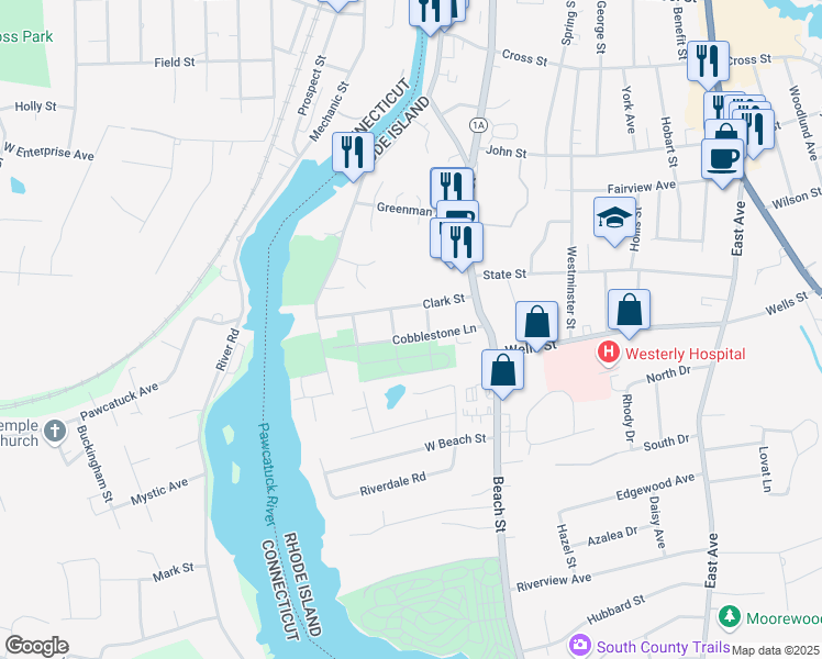 map of restaurants, bars, coffee shops, grocery stores, and more near in Westerly