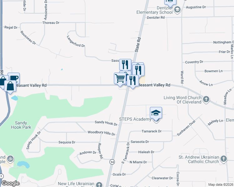 map of restaurants, bars, coffee shops, grocery stores, and more near 7462 State Road in Parma