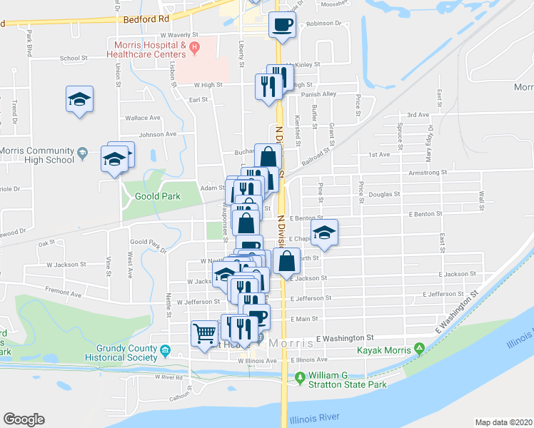 map of restaurants, bars, coffee shops, grocery stores, and more near in Morris