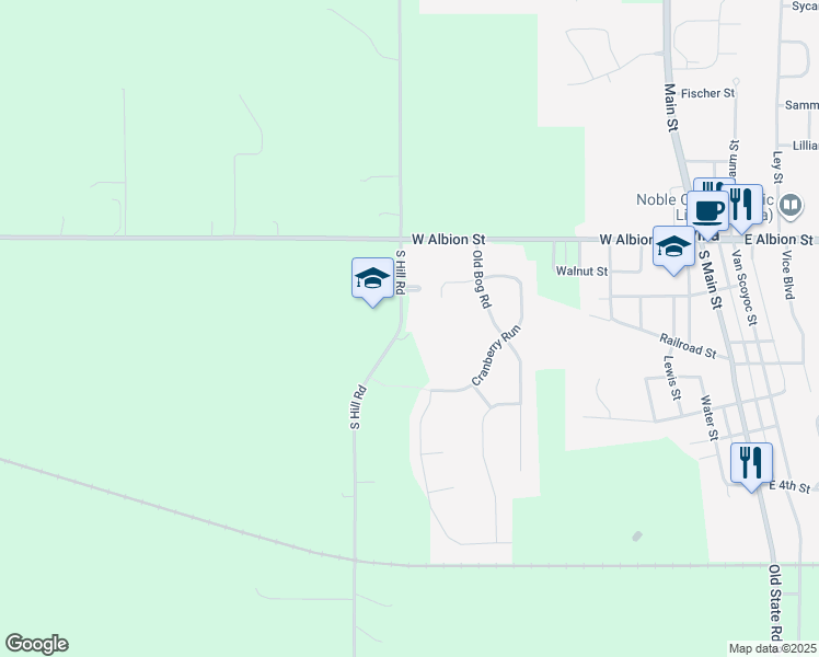map of restaurants, bars, coffee shops, grocery stores, and more near 217 South Hill Road in Avilla