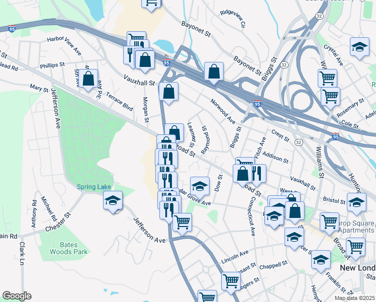 map of restaurants, bars, coffee shops, grocery stores, and more near 390 Broad St in New London