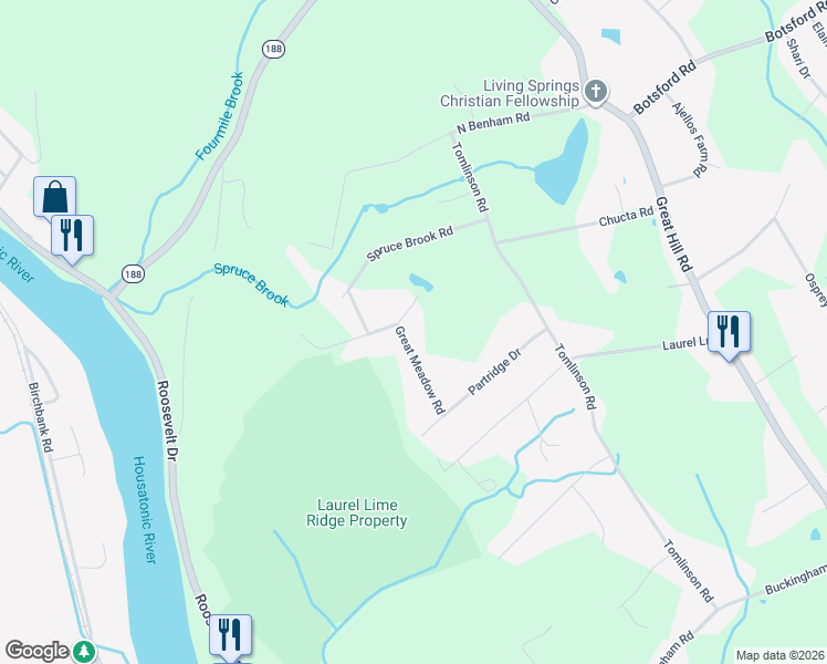 map of restaurants, bars, coffee shops, grocery stores, and more near 8 Great Meadow Road in Seymour