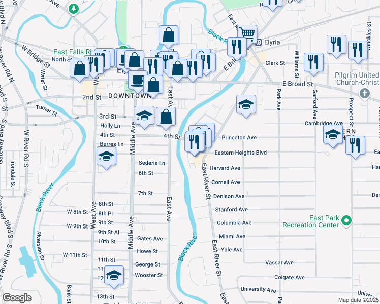 map of restaurants, bars, coffee shops, grocery stores, and more near 116 Charles Court in Elyria