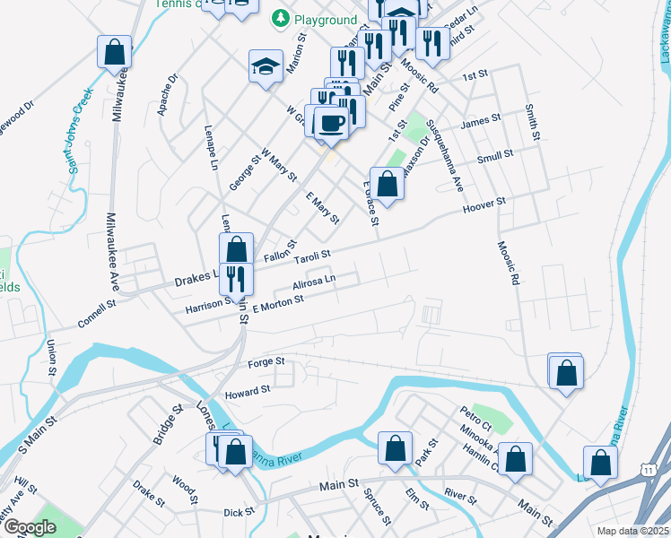 map of restaurants, bars, coffee shops, grocery stores, and more near 247 East Morton Street in Old Forge