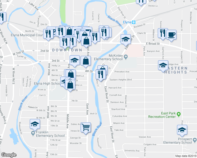 map of restaurants, bars, coffee shops, grocery stores, and more near 135 Charles Court in Elyria