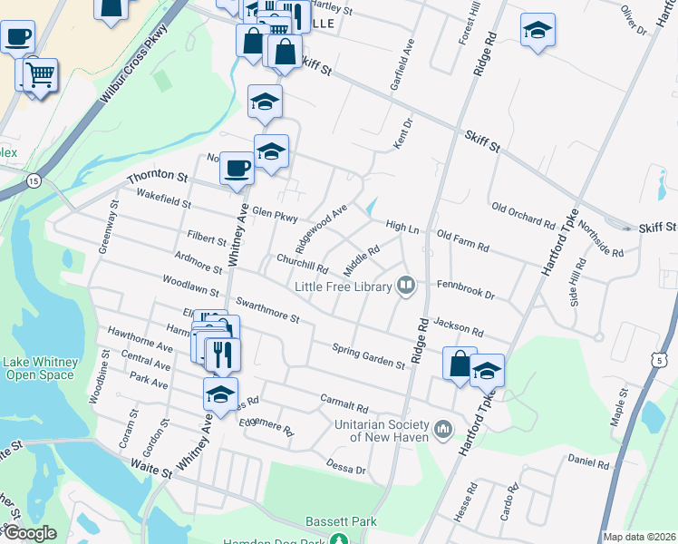 map of restaurants, bars, coffee shops, grocery stores, and more near 19 Spring Glen Terrace in Hamden