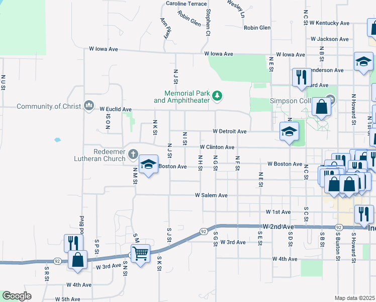 map of restaurants, bars, coffee shops, grocery stores, and more near 1004 West Boston Avenue in Indianola