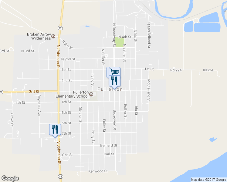 map of restaurants, bars, coffee shops, grocery stores, and more near 302 Broadway Street in Fullerton