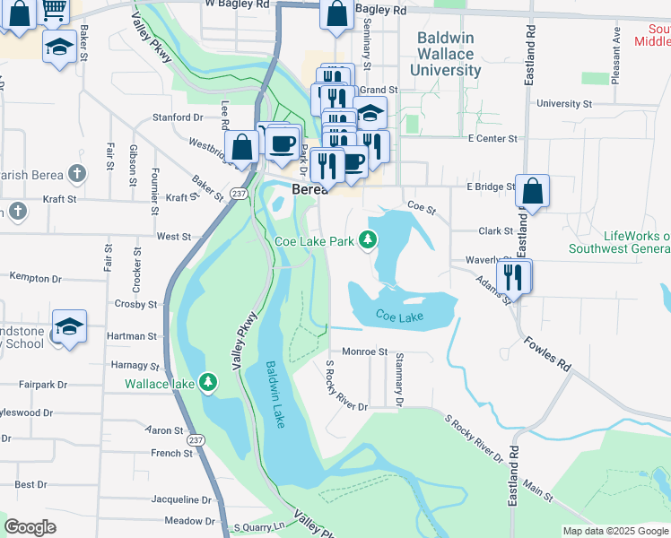 map of restaurants, bars, coffee shops, grocery stores, and more near 115 South Rocky River Drive in Berea