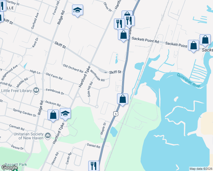 map of restaurants, bars, coffee shops, grocery stores, and more near 20 Vineyard Road in North Haven