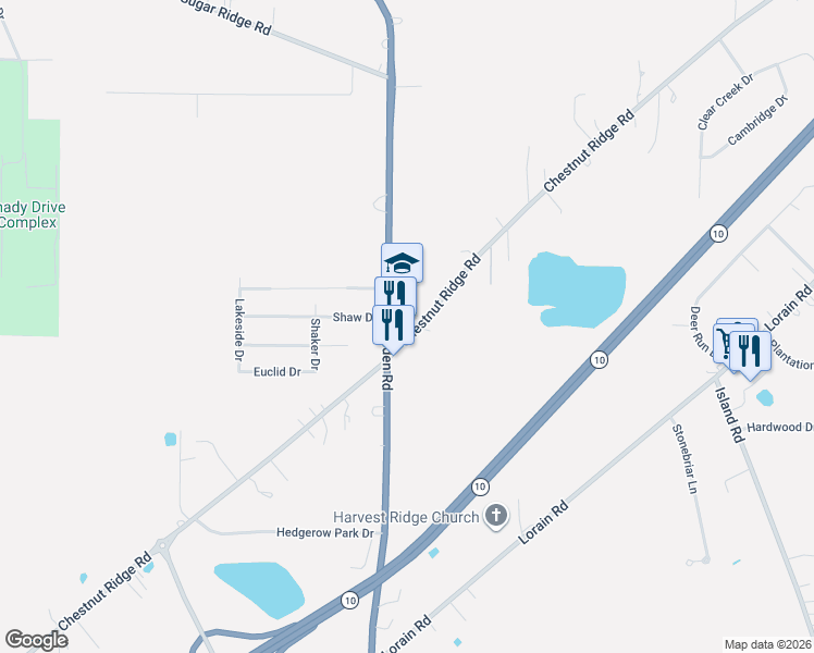 map of restaurants, bars, coffee shops, grocery stores, and more near 8877 Avon Belden Road in North Ridgeville