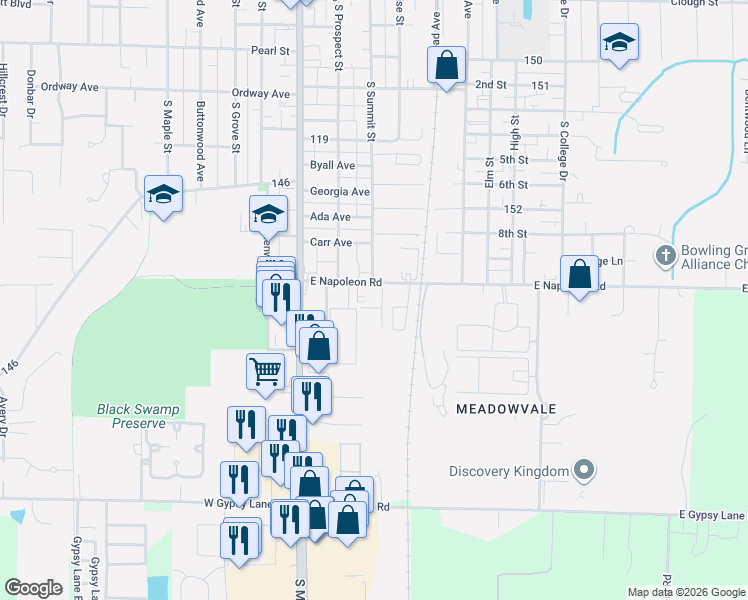 map of restaurants, bars, coffee shops, grocery stores, and more near 300 Napoleon Road in Bowling Green
