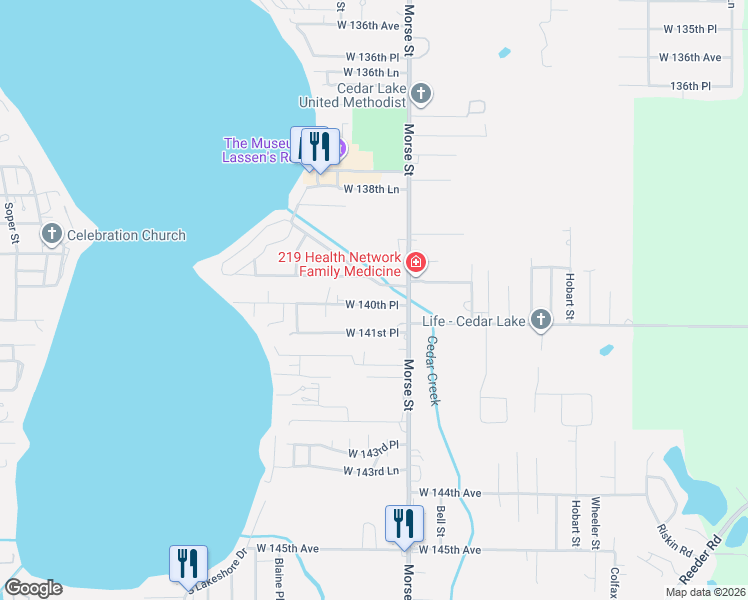 map of restaurants, bars, coffee shops, grocery stores, and more near 7248-7398 W 140th Ave in Cedar Lake