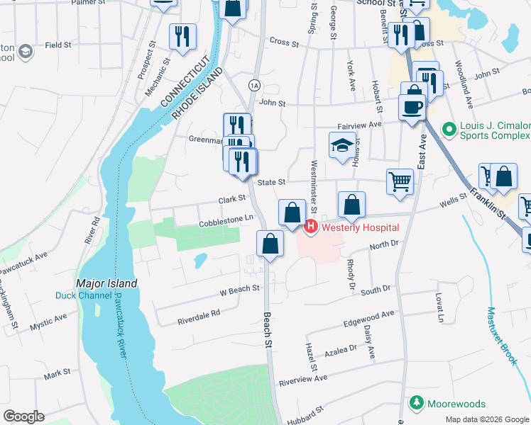 map of restaurants, bars, coffee shops, grocery stores, and more near 64 Beach Street in Westerly