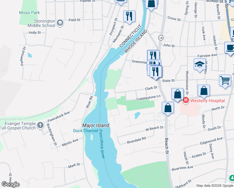 map of restaurants, bars, coffee shops, grocery stores, and more near 60 Margin Street in Westerly