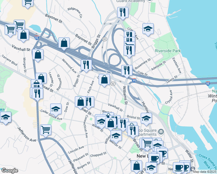 map of restaurants, bars, coffee shops, grocery stores, and more near 29 Crest Street in New London