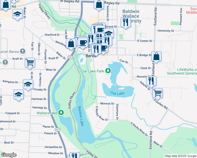 map of restaurants, bars, coffee shops, grocery stores, and more near 70 South Rocky River Drive in Berea