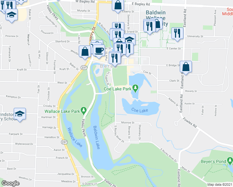 map of restaurants, bars, coffee shops, grocery stores, and more near 70 South Rocky River Drive in Berea