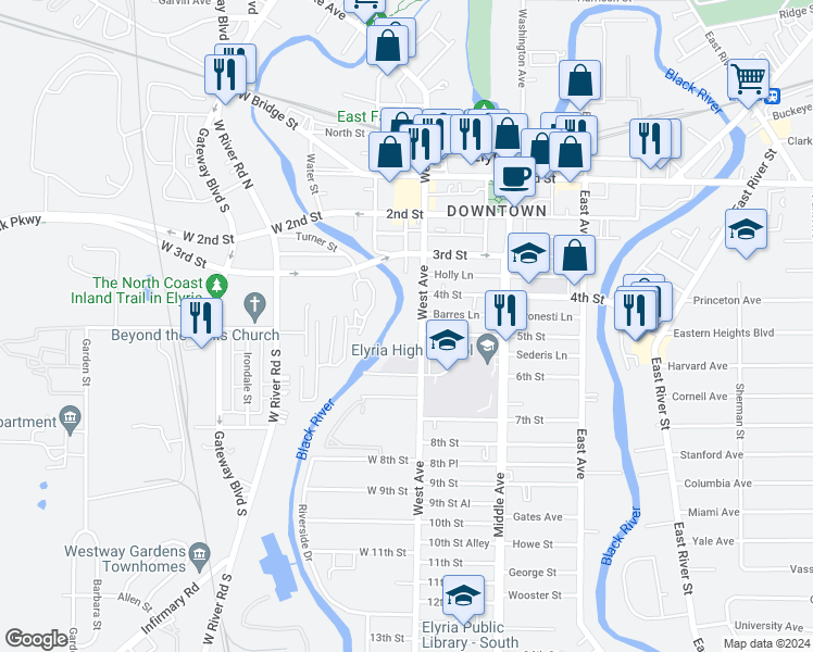 map of restaurants, bars, coffee shops, grocery stores, and more near 401 West Avenue in Elyria