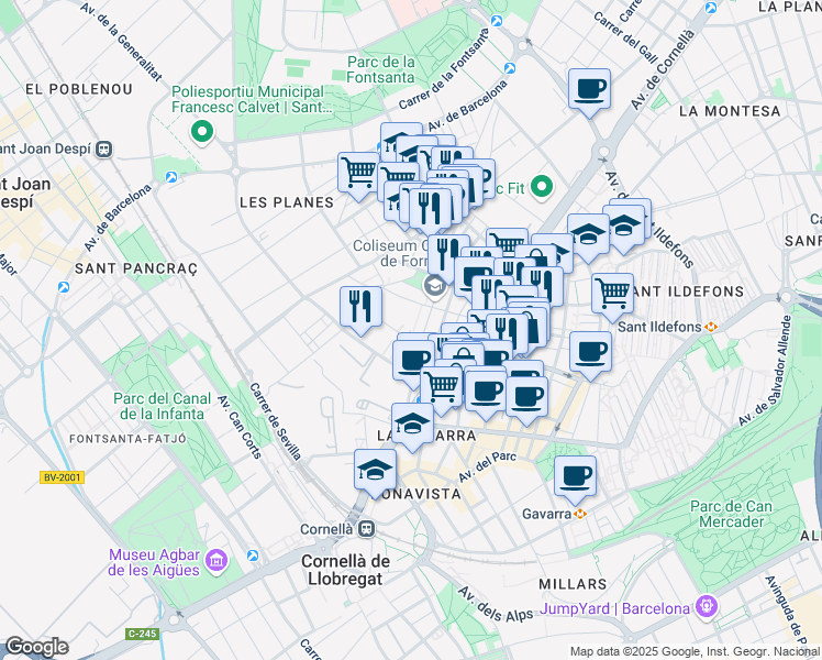 map of restaurants, bars, coffee shops, grocery stores, and more near 6 Plaça de Pau Casals in Cornellà de Llobregat