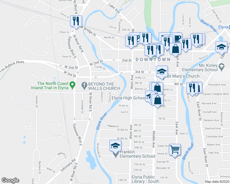 map of restaurants, bars, coffee shops, grocery stores, and more near River Drive in Elyria