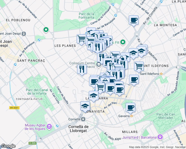 map of restaurants, bars, coffee shops, grocery stores, and more near 6 Plaça de Pau Casals in Cornellà de Llobregat
