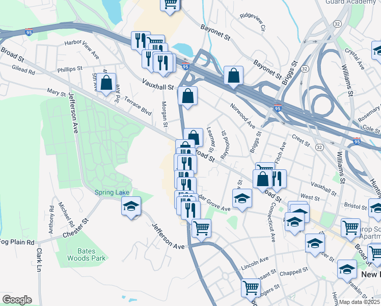 map of restaurants, bars, coffee shops, grocery stores, and more near 436 Broad Street in New London