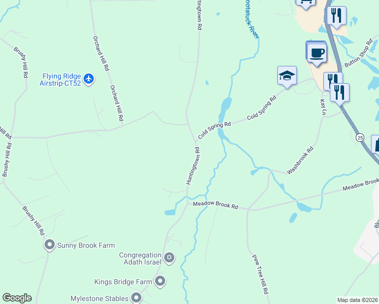 map of restaurants, bars, coffee shops, grocery stores, and more near 76 Huntingtown Road in Newtown
