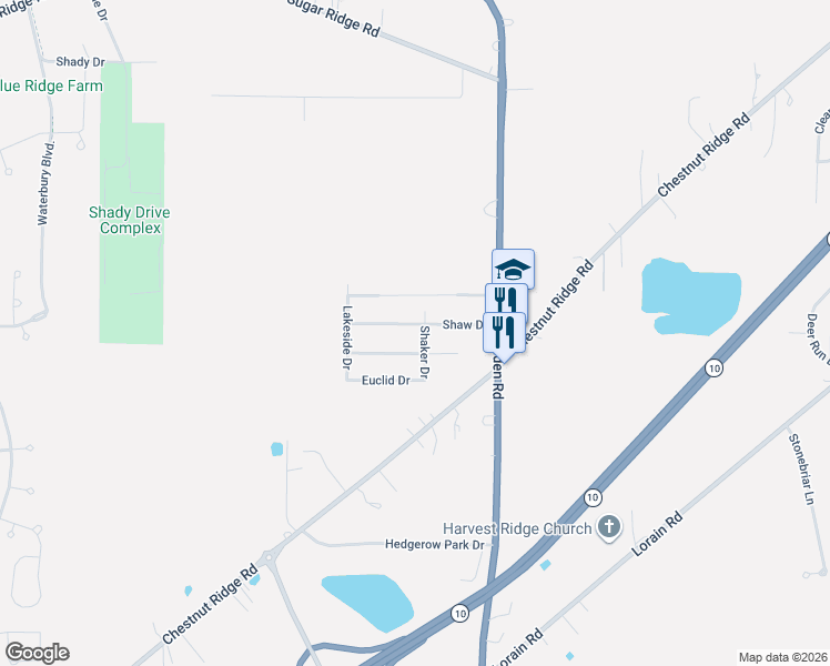 map of restaurants, bars, coffee shops, grocery stores, and more near 36166 Shaw Drive in North Ridgeville