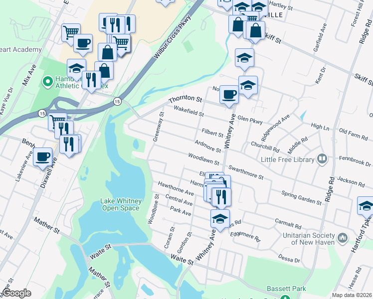 map of restaurants, bars, coffee shops, grocery stores, and more near 85 Ardmore Street in Hamden