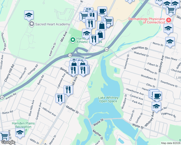 map of restaurants, bars, coffee shops, grocery stores, and more near 41 Hobson Avenue in Hamden
