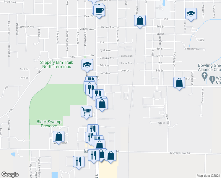 map of restaurants, bars, coffee shops, grocery stores, and more near 127 West Napoleon Road in Bowling Green