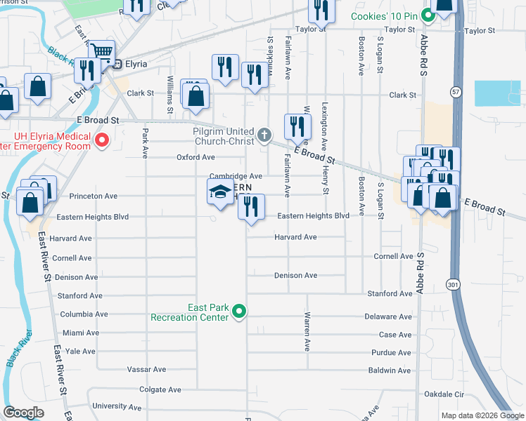 map of restaurants, bars, coffee shops, grocery stores, and more near 523 Princeton Avenue in Elyria