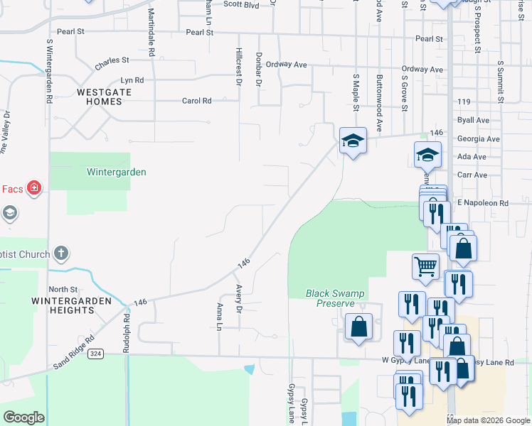 map of restaurants, bars, coffee shops, grocery stores, and more near 16 170 in Bowling Green