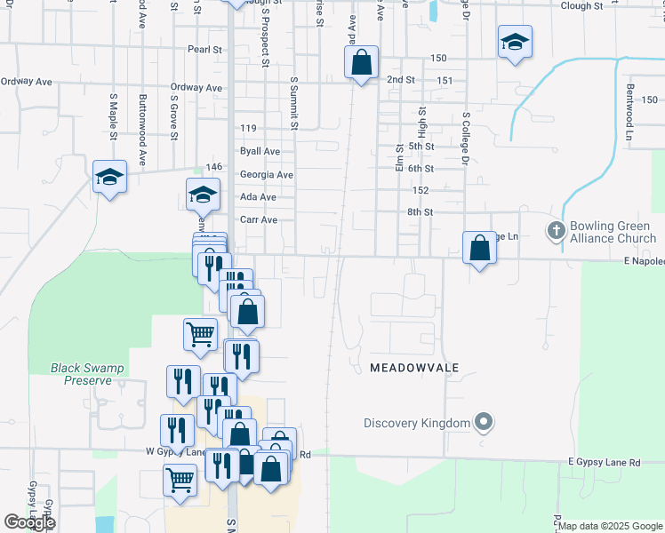 map of restaurants, bars, coffee shops, grocery stores, and more near 400 East Napoleon Road in Bowling Green