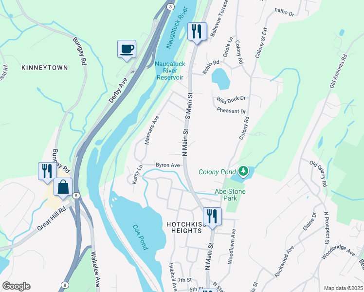 map of restaurants, bars, coffee shops, grocery stores, and more near 1045 South Main Street in Seymour