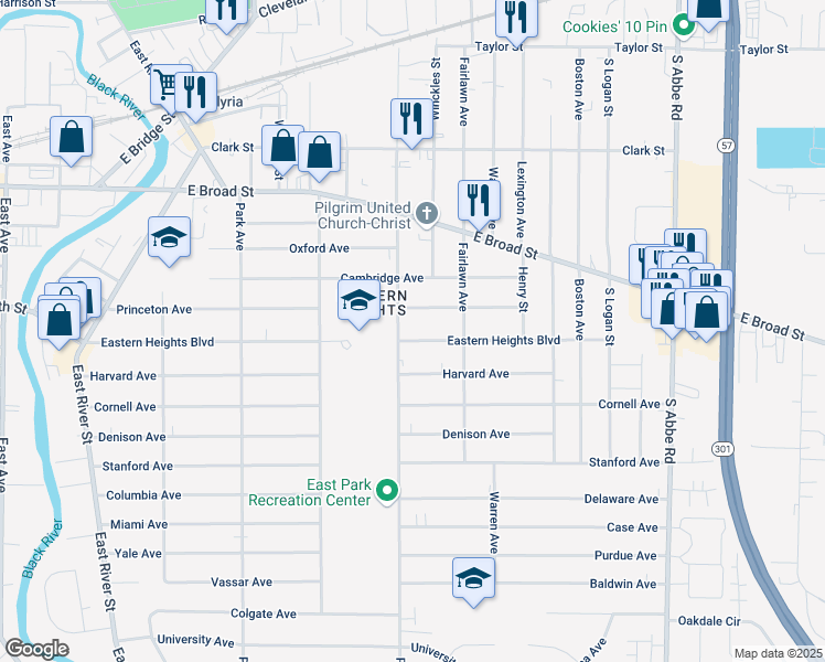 map of restaurants, bars, coffee shops, grocery stores, and more near 523 Princeton Avenue in Elyria