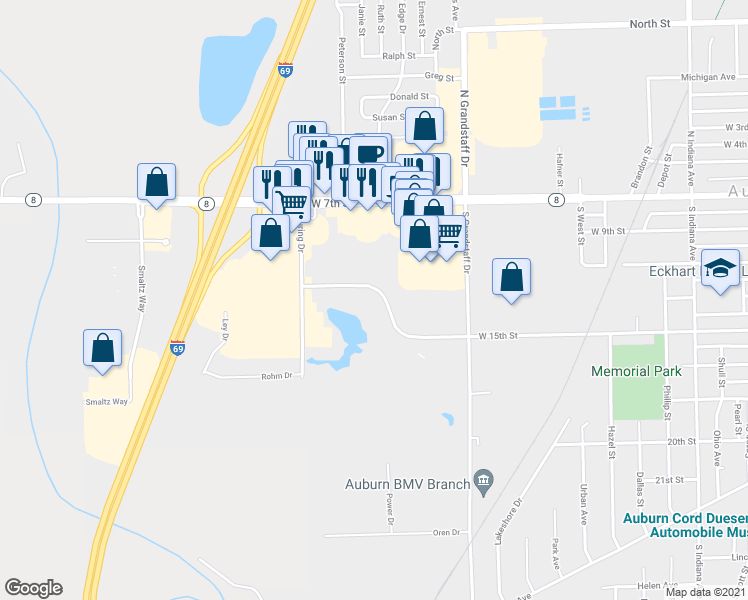 map of restaurants, bars, coffee shops, grocery stores, and more near 1127 West 15th Street in Auburn