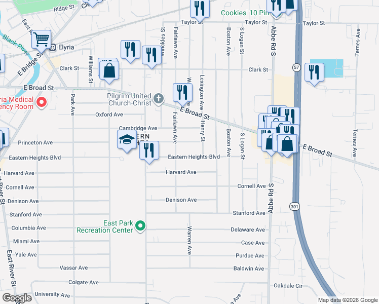 map of restaurants, bars, coffee shops, grocery stores, and more near 637 Princeton Avenue in Elyria