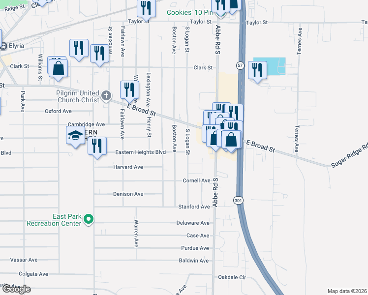 map of restaurants, bars, coffee shops, grocery stores, and more near 336 Boston Avenue in Elyria