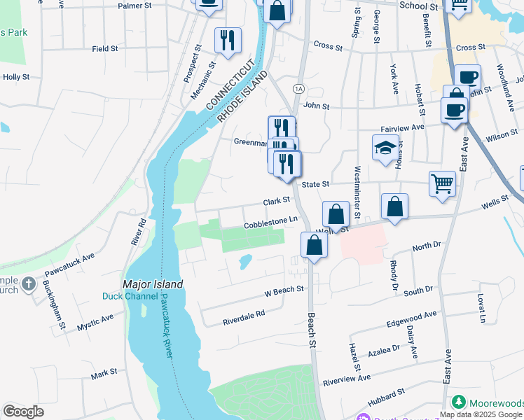 map of restaurants, bars, coffee shops, grocery stores, and more near 21 Clark Street in Westerly
